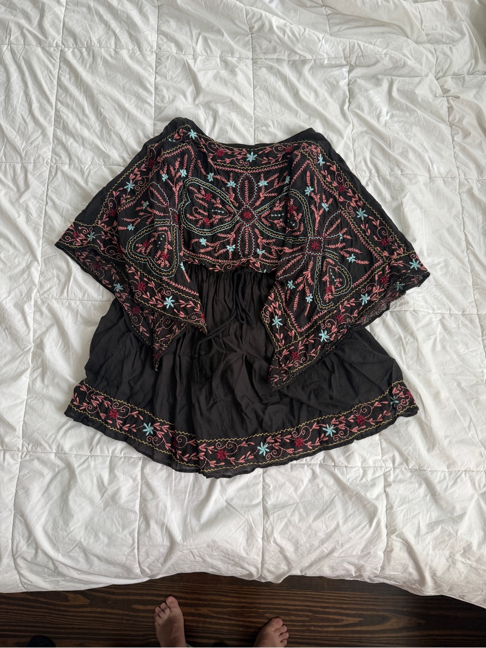 Free People Black Embroidered Floral Boho Mini Dress